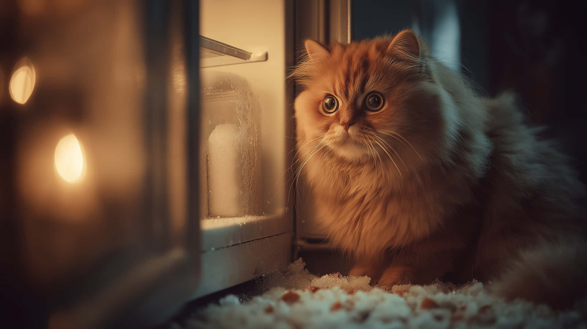 Curious Fluffy Cat Investigating Icy Fridge Interior At Night Wallpaper