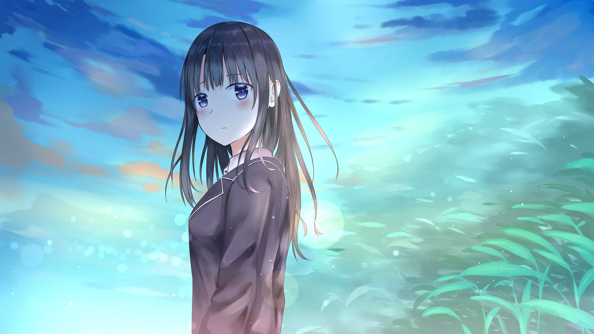 Curious Sad Anime Girl Looking Back Wallpaper