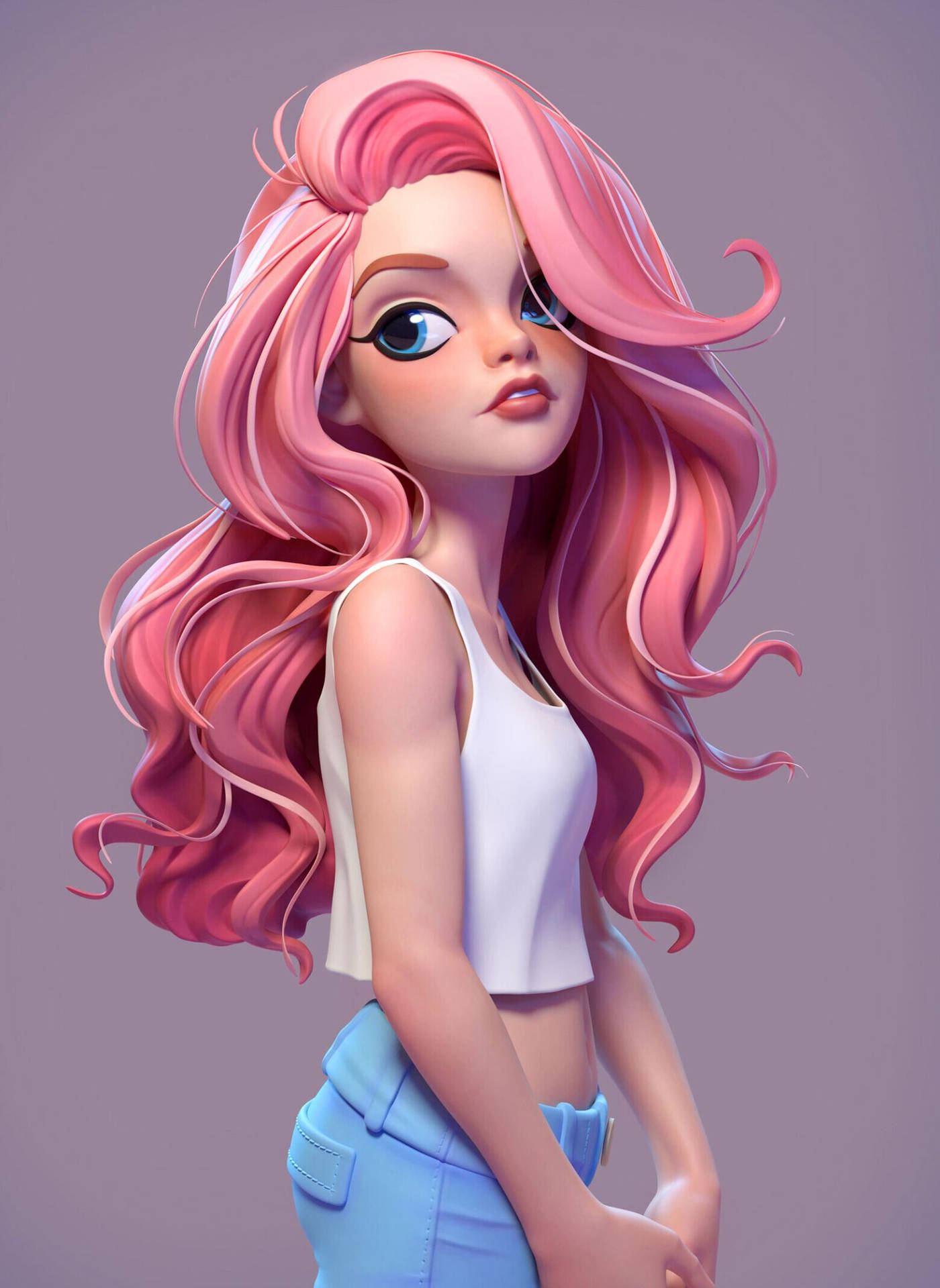 Curly Cool Girl Cartoon In Pink Wallpaper