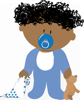 Curly Haired Cartoon Baby With Pacifierand Teddy Bear PNG
