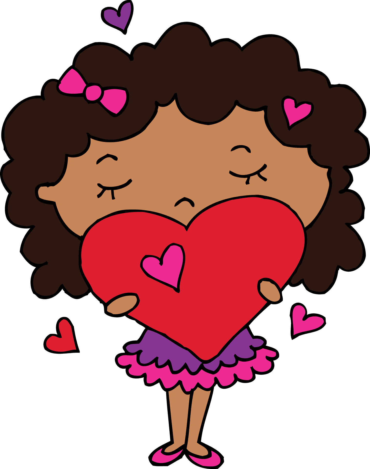 Curly Haired Cartoon Girl Holding Heart PNG