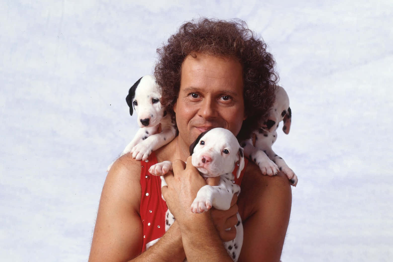 Curly Haired Man With Dalmatian Puppies Wallpaper