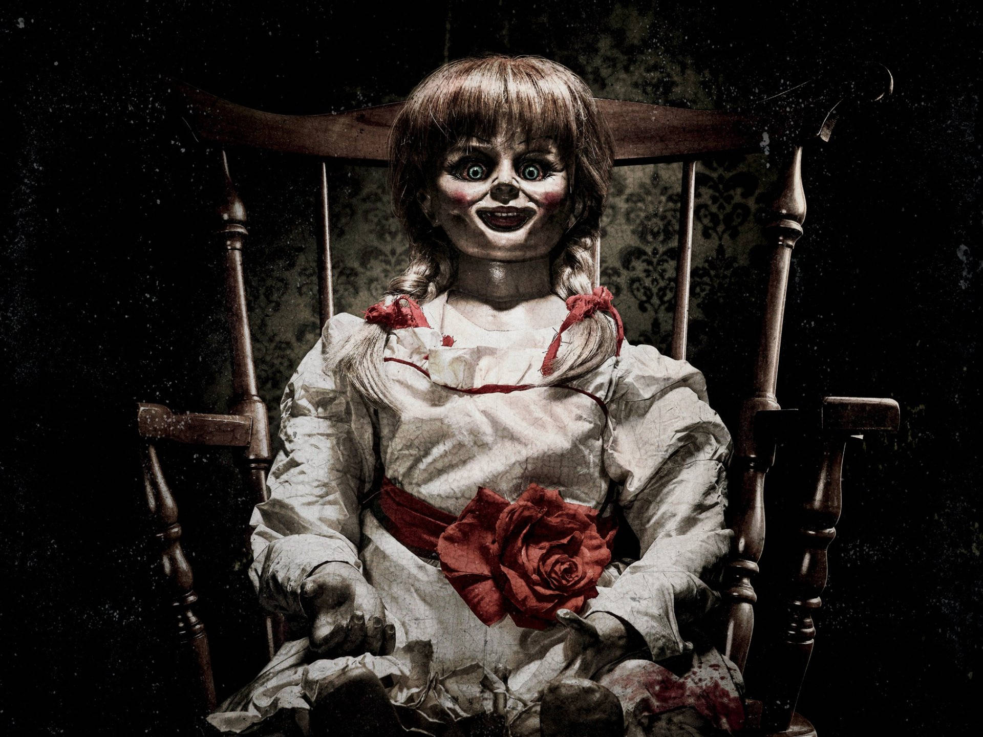 Cursed Annabelle Doll On Chair Background