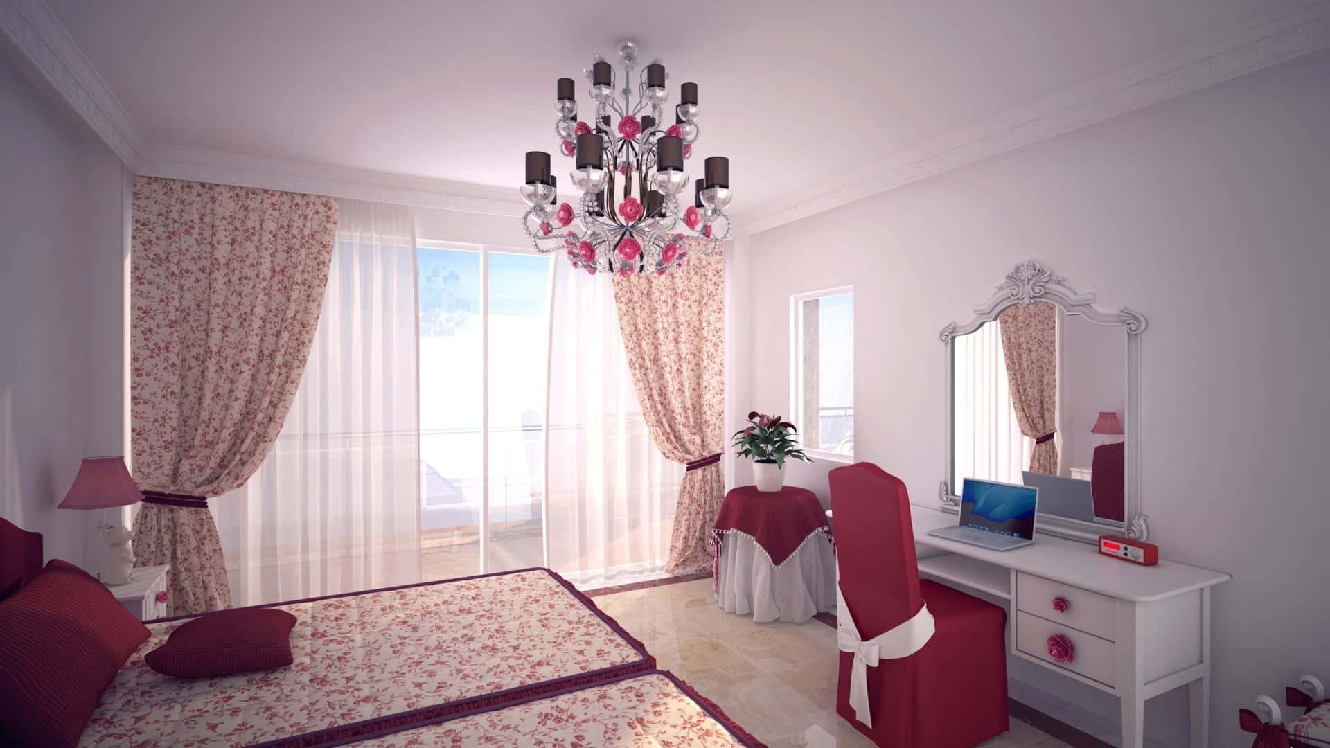 A Bedroom With A Chandelier And Red And White Decor