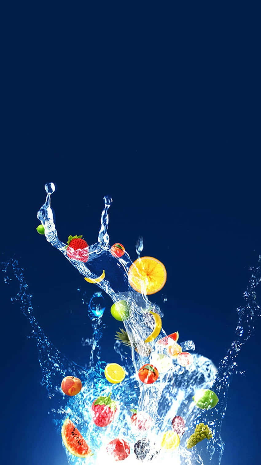 A Blue Background With Fruit Splashing Into The Water Wallpaper