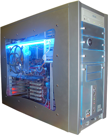 Custom P C Towerwith L E D Lighting PNG — A silver ASUS desktop computer with a transparent side panel revealing glowing blue and red internal components and cooling fans.