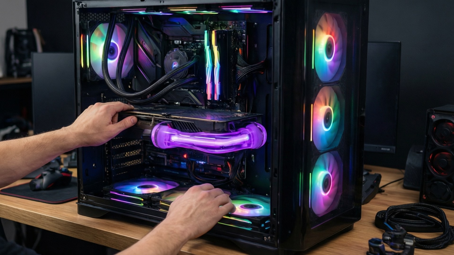 A close-up of a gamer's hands and their custom water-cooled PC.