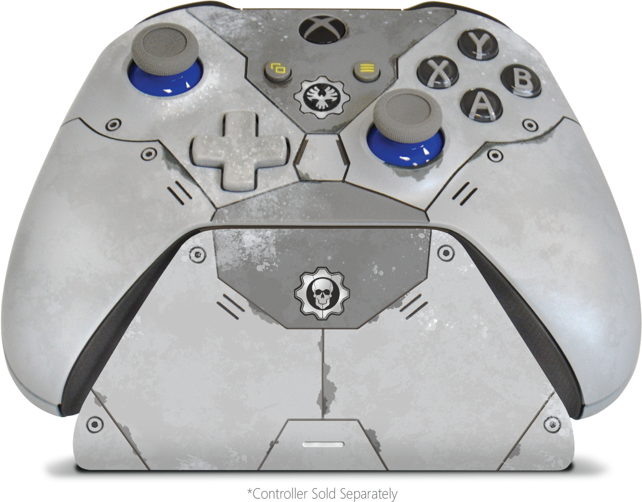 Custom Xbox Controller Gearsof War Design PNG — A weathered gray Xbox controller with blue analog sticks and Gears of War skull logo against black background.
