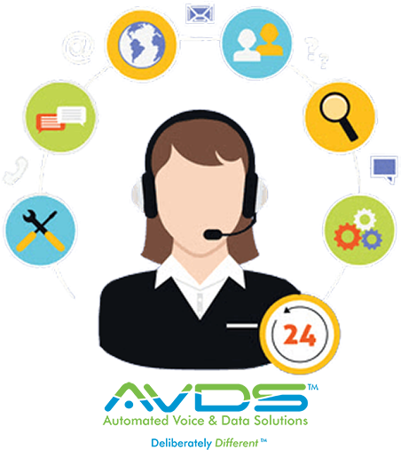 Customer Support Representative Concept PNG — A stylized customer service agent with headset surrounded by icons representing global support 247 tech solutions.