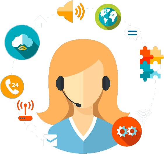 Customer Support Representative Vector PNG — A female customer service agent with a headset surrounded by icons for global support 247 cloud communication and tech solutions.