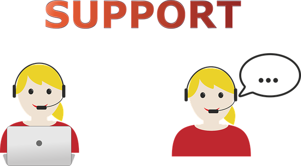 Customer Support Representatives Illustration PNG — Two cartoon support agents with headsets one using laptop other with speech bubble against black background.