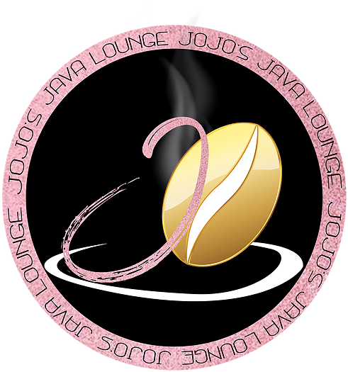 Customized Java Logo Coffee Theme.PNG PNG — A golden coffee bean with pink smoke swirls inside a glittery pink circular logo for Jojo's Java Lounge.