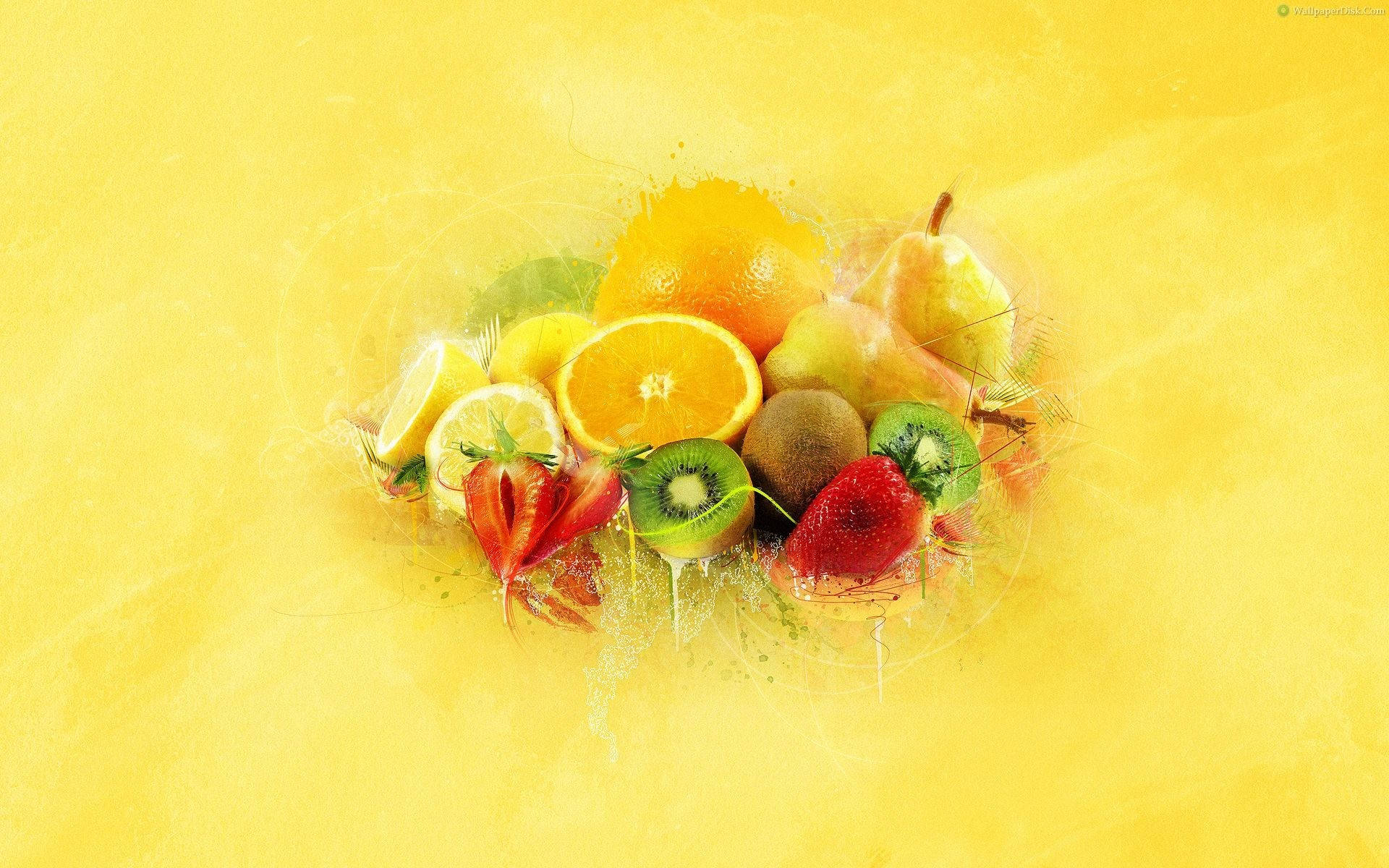 Cut Up Fruits In Yellow Background Wallpaper
