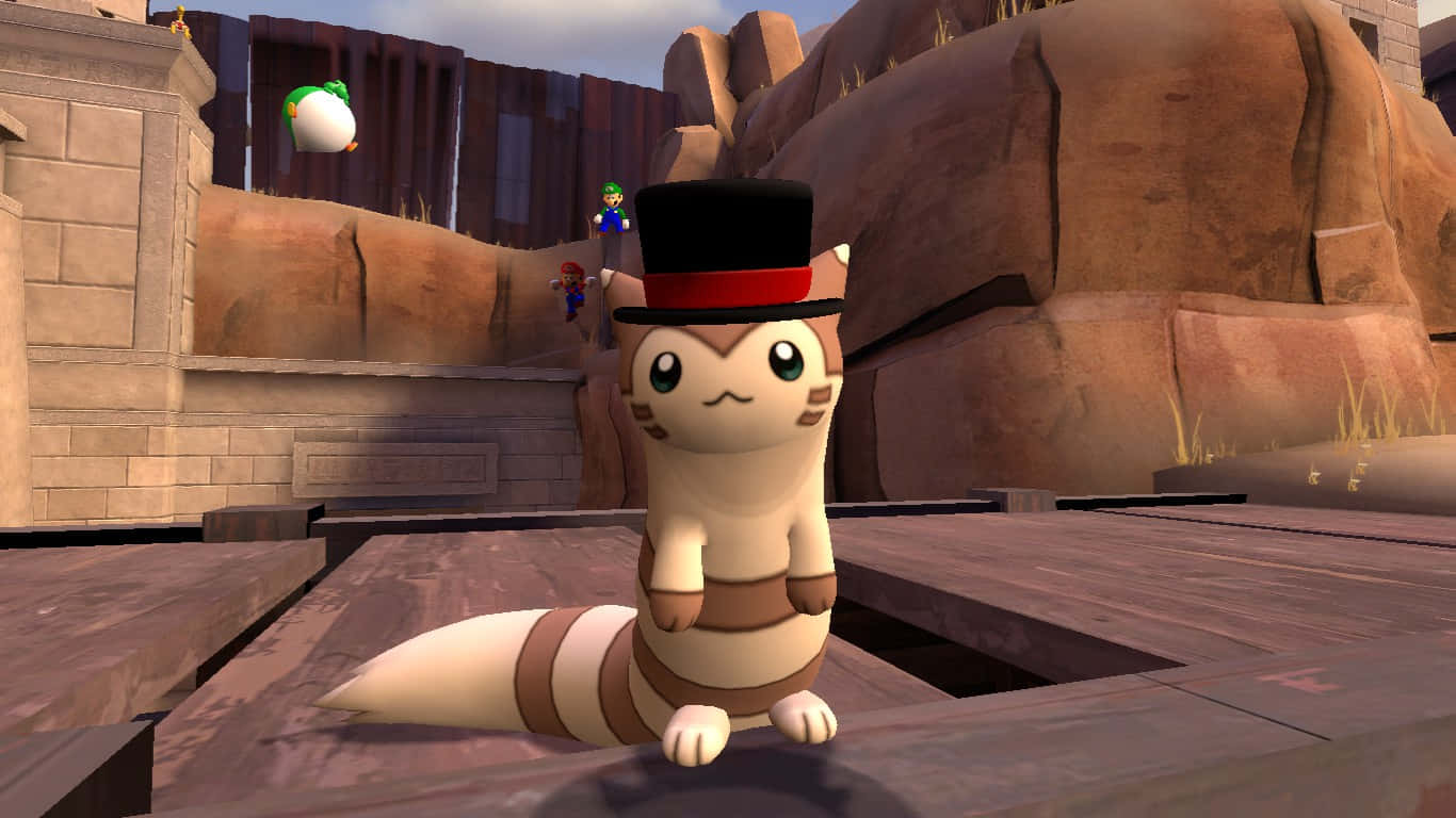 Cute 3D Furret Wearing A Top Hat Wallpaper