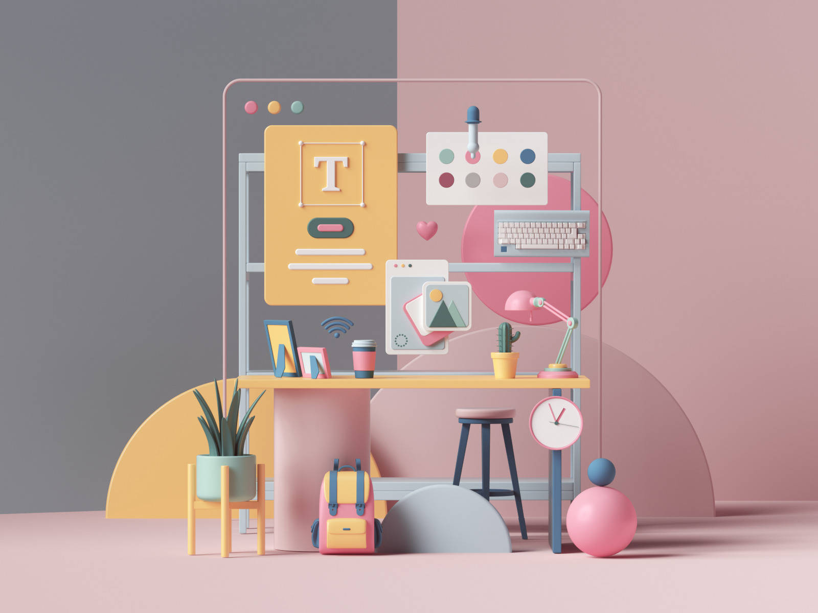 Cute 3d Phone Pastel Office Set-up Wallpaper