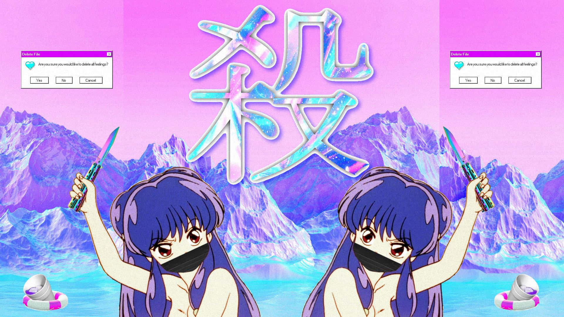 To anime piger med blåt hår og en kniv Wallpaper