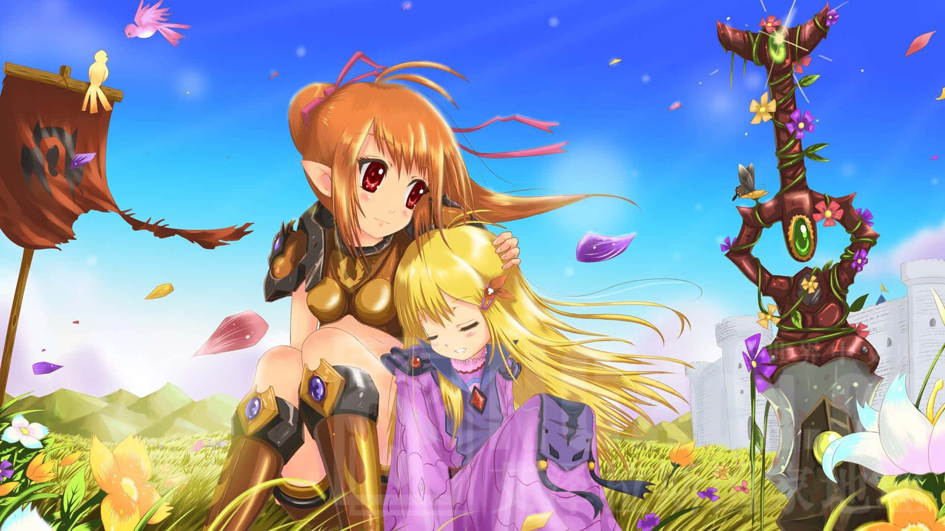 To anime-piger sidder i græsset Wallpaper