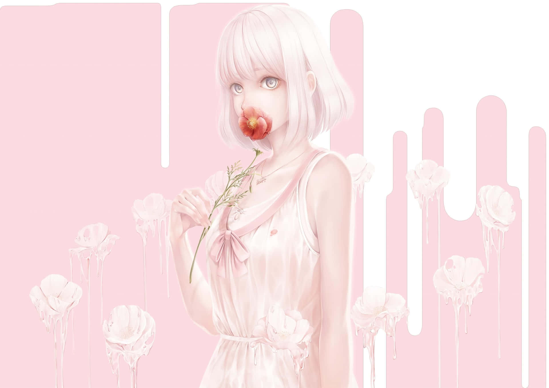 A Girl With White Hair And Pink Flowers Wallpaper