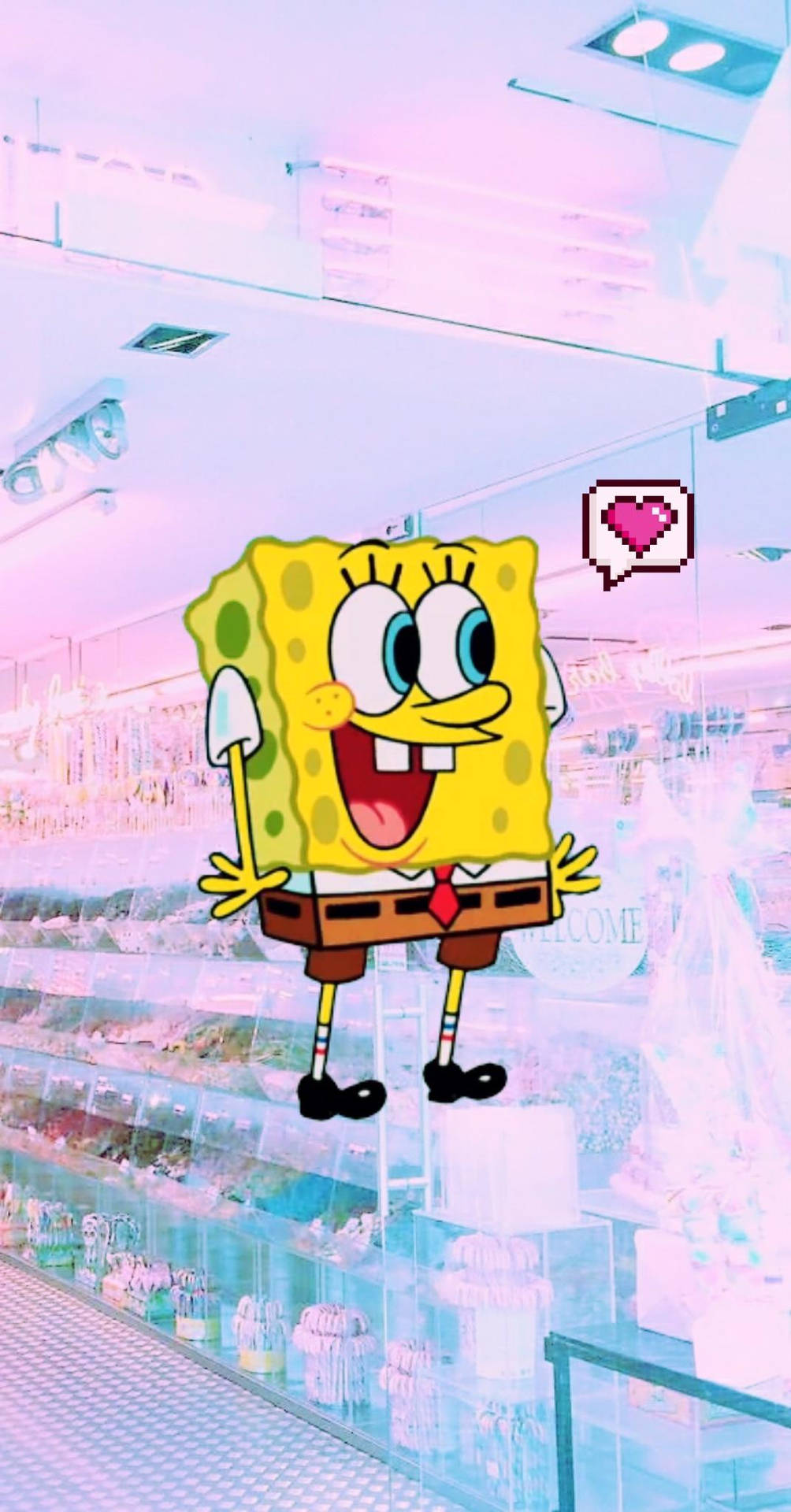 Fofo,estético, Desenho Animado Do Spongebob Com Emoji De Coração. Papel de Parede