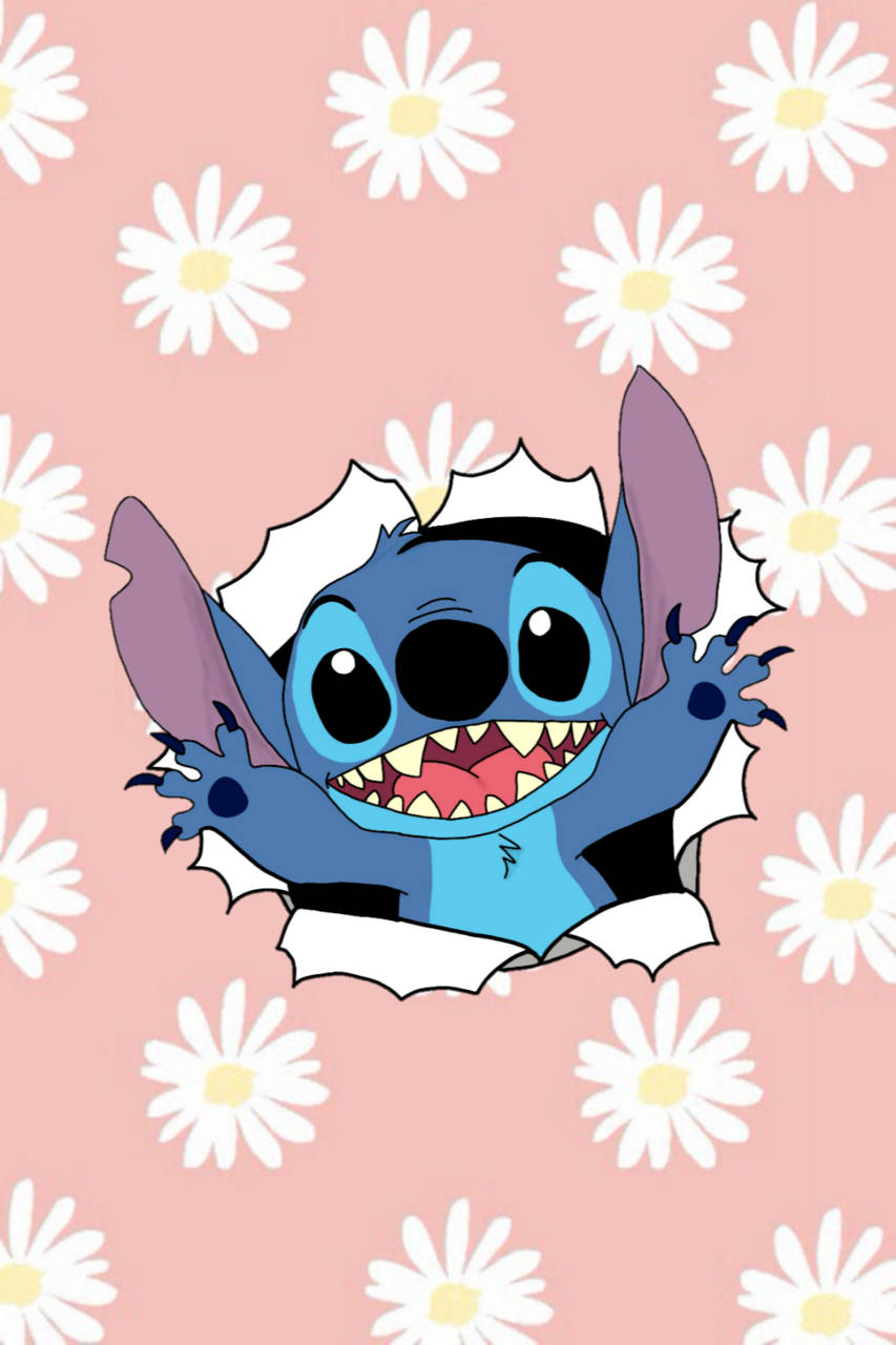 Cute Aesthetic Stitch With Floral Backdrop Wallpaper