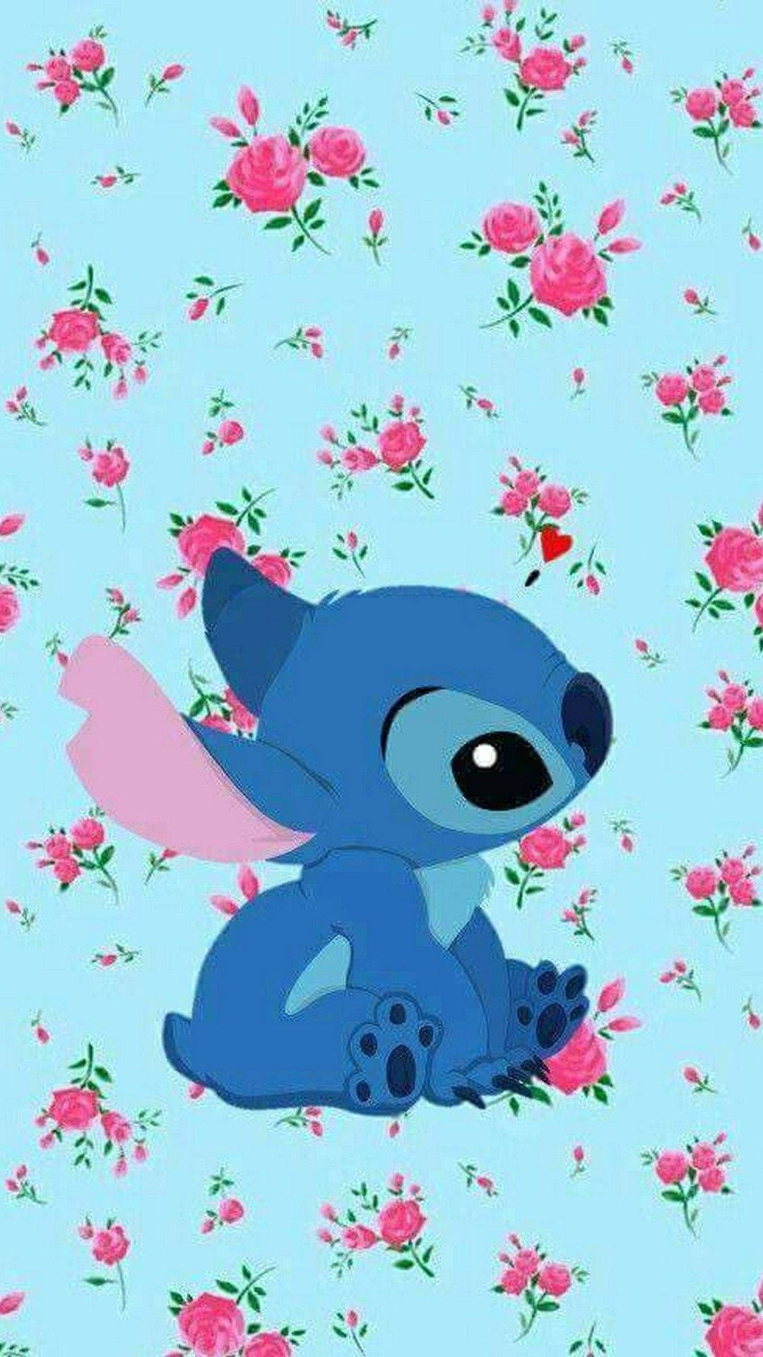 Cute Aesthetic Stitch With Floral Design Wallpaper
