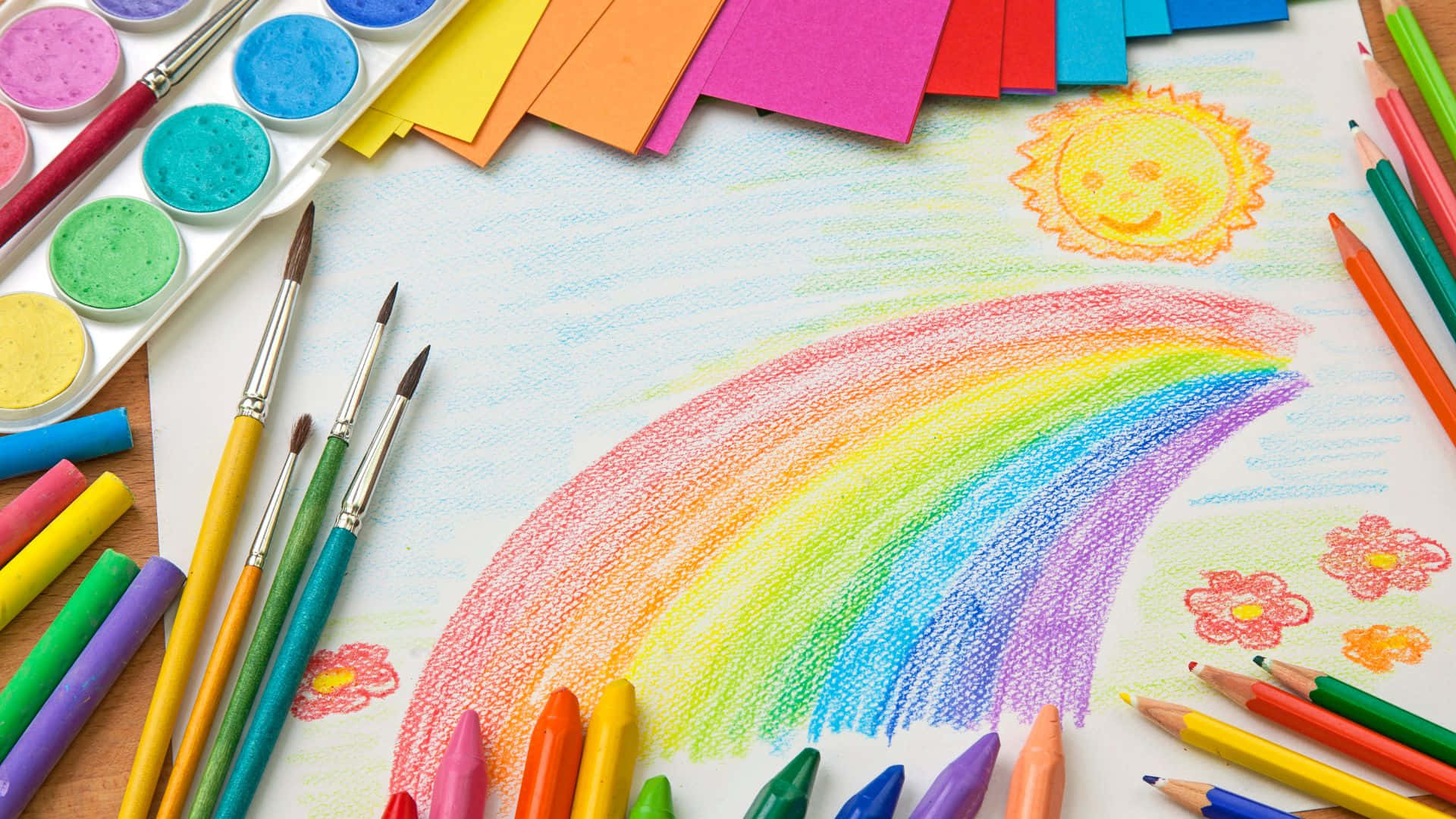 Ilustraçãocolorida E Fofa De Uma Criança Arco-íris. Papel de Parede