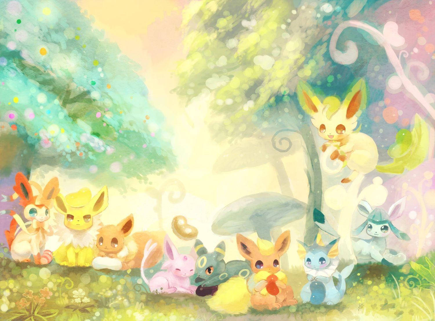Cute And Endearing Flareon With Other Pokemon Wallpaper