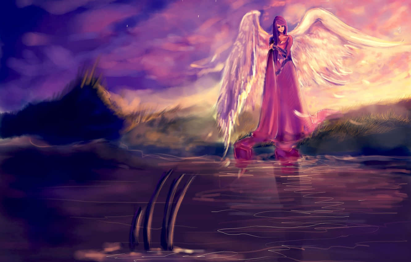 Sød engel der går ved en flod Wallpaper