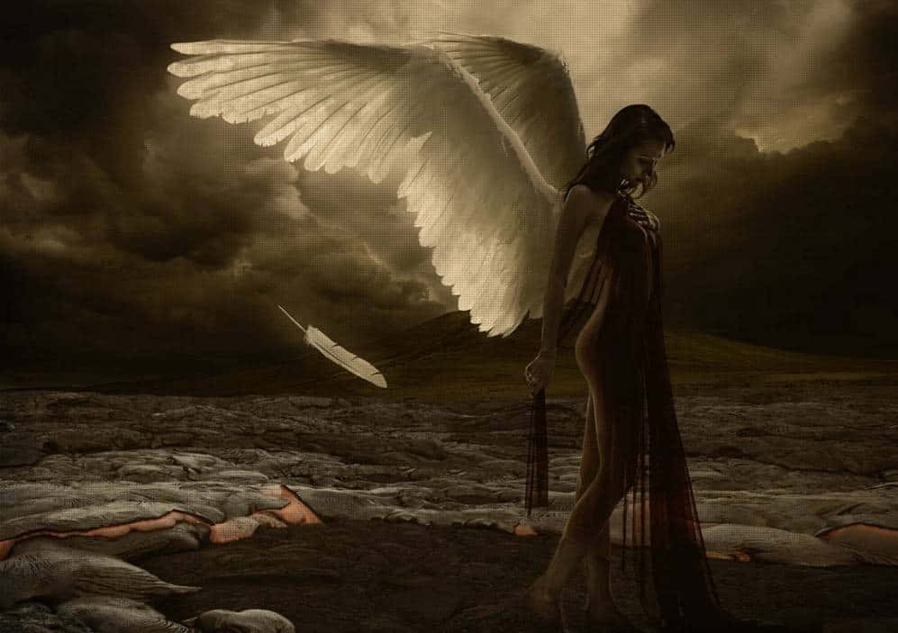 Sød engel går på et mørkt landskab Wallpaper