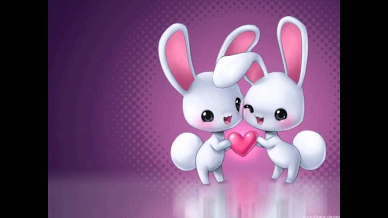 To søde kaniner holder et hjerte på en lilla baggrund Wallpaper