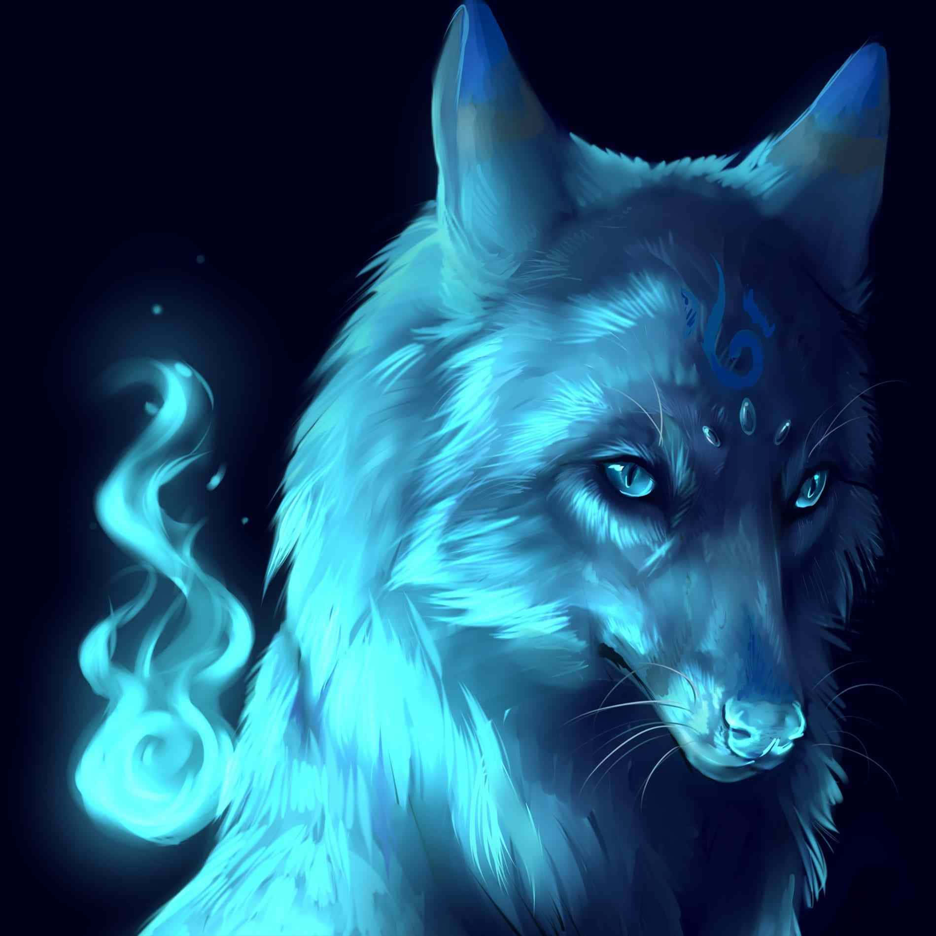En blå ulv med blå øjne og blå flammer Wallpaper