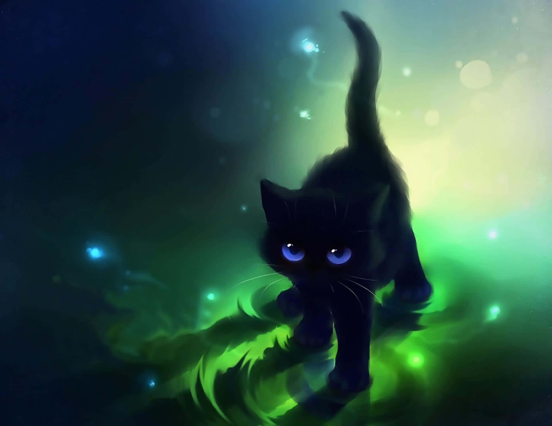 Eineschwarze Katze Mit Blauen Augen, Die Auf Einem Grünen Hintergrund Läuft. Wallpaper
