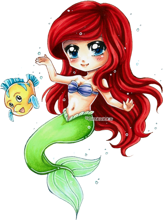 Cute Animated Mermaidand Fish Friend PNG