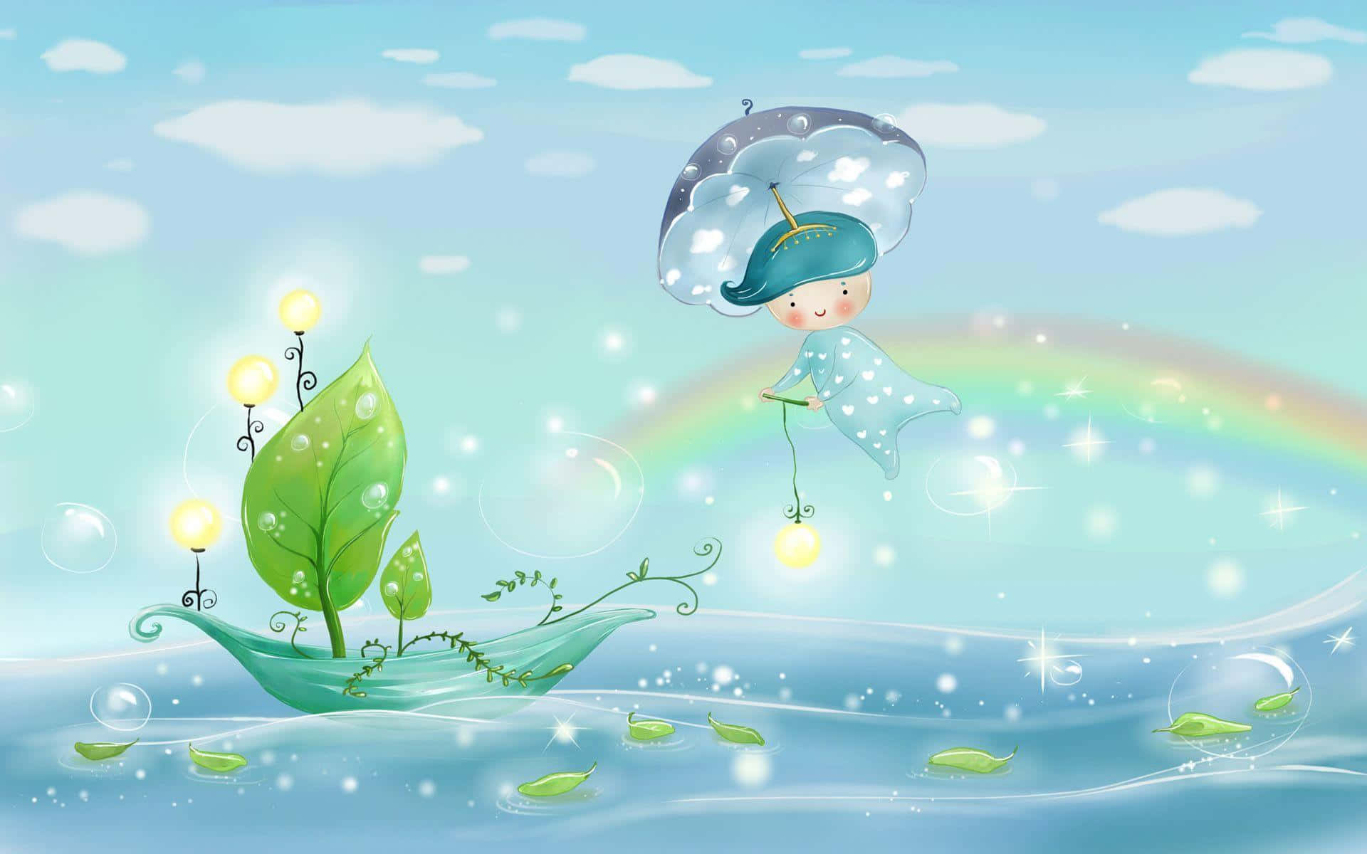 En lille pige flyder i vandet med et paraply