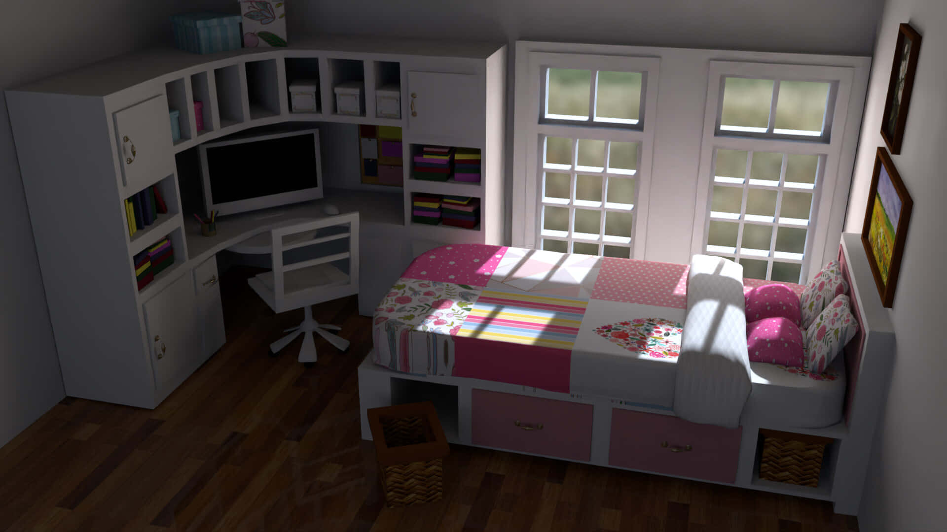 A Bedroom With A Bed, Desk, And A Window