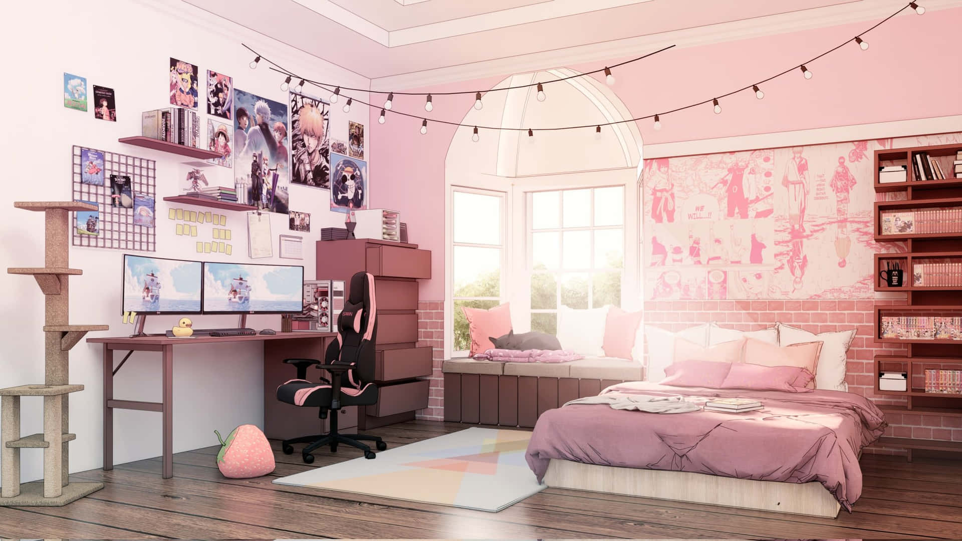 Download A Pink Bedroom With A Desk And A Cat | Wallpapers.com