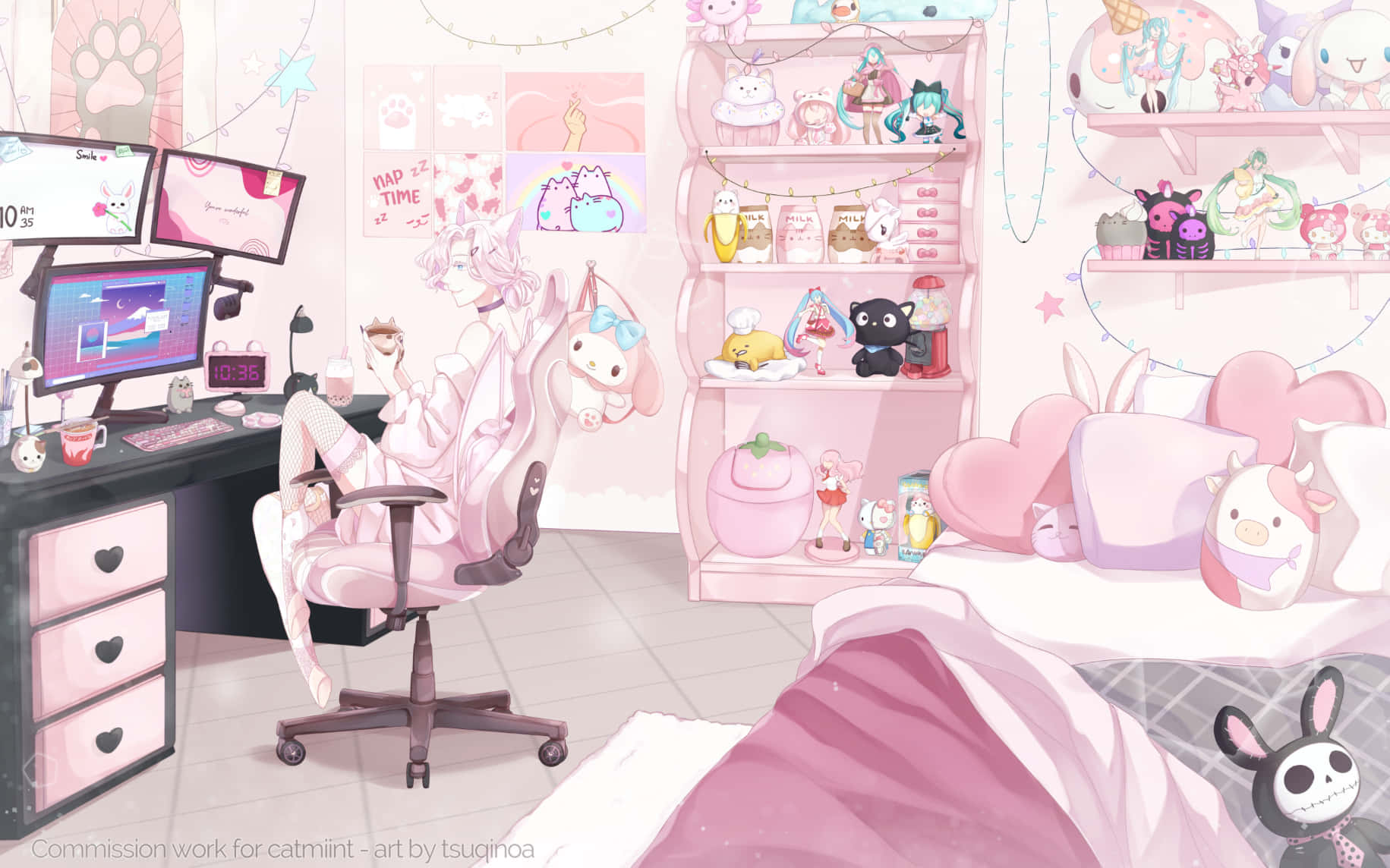 A Pink Bedroom With A Desk And A Pink Chair