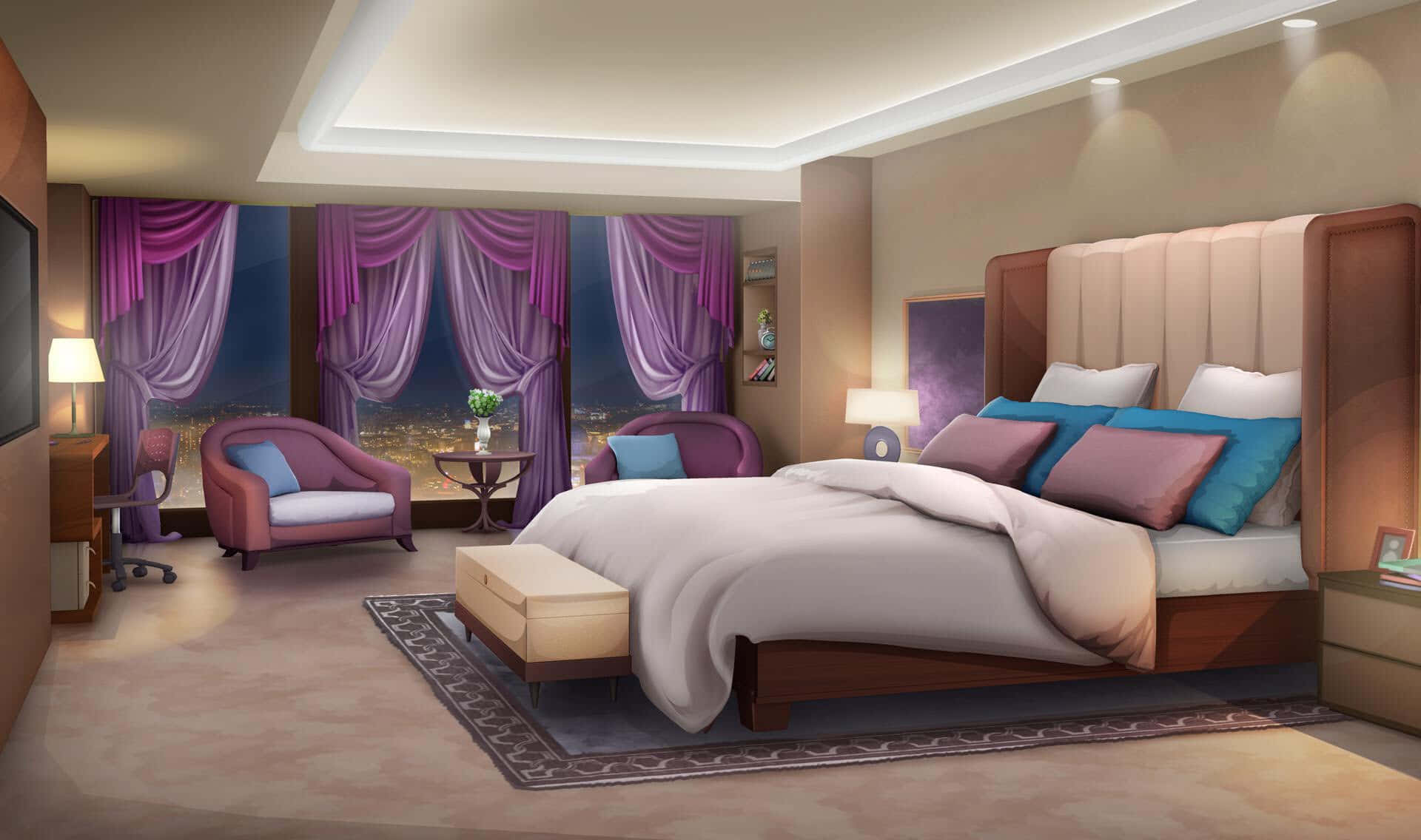 Dream of a cozy retreat with this Cute Anime Bedroom background