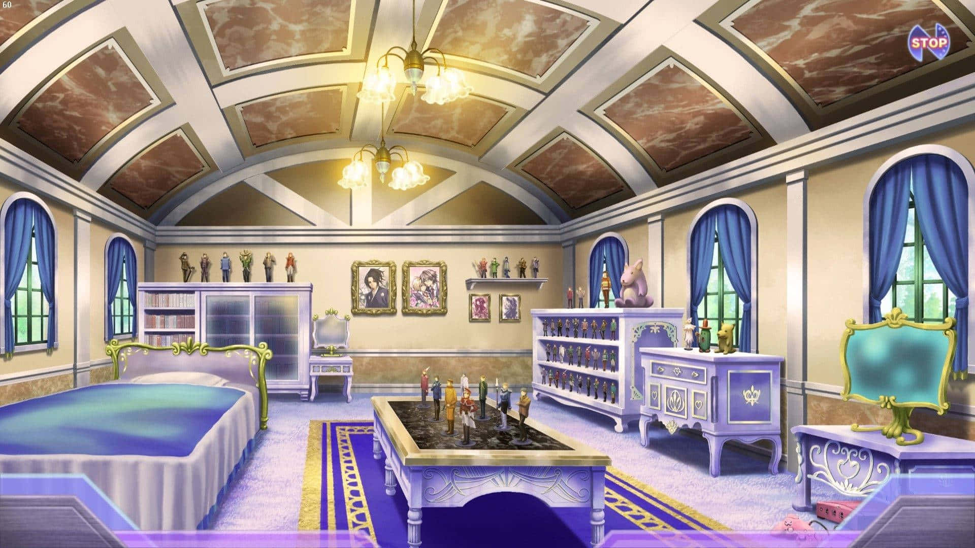 A Room In A Video Game With A Purple Bed And A Blue Dresser