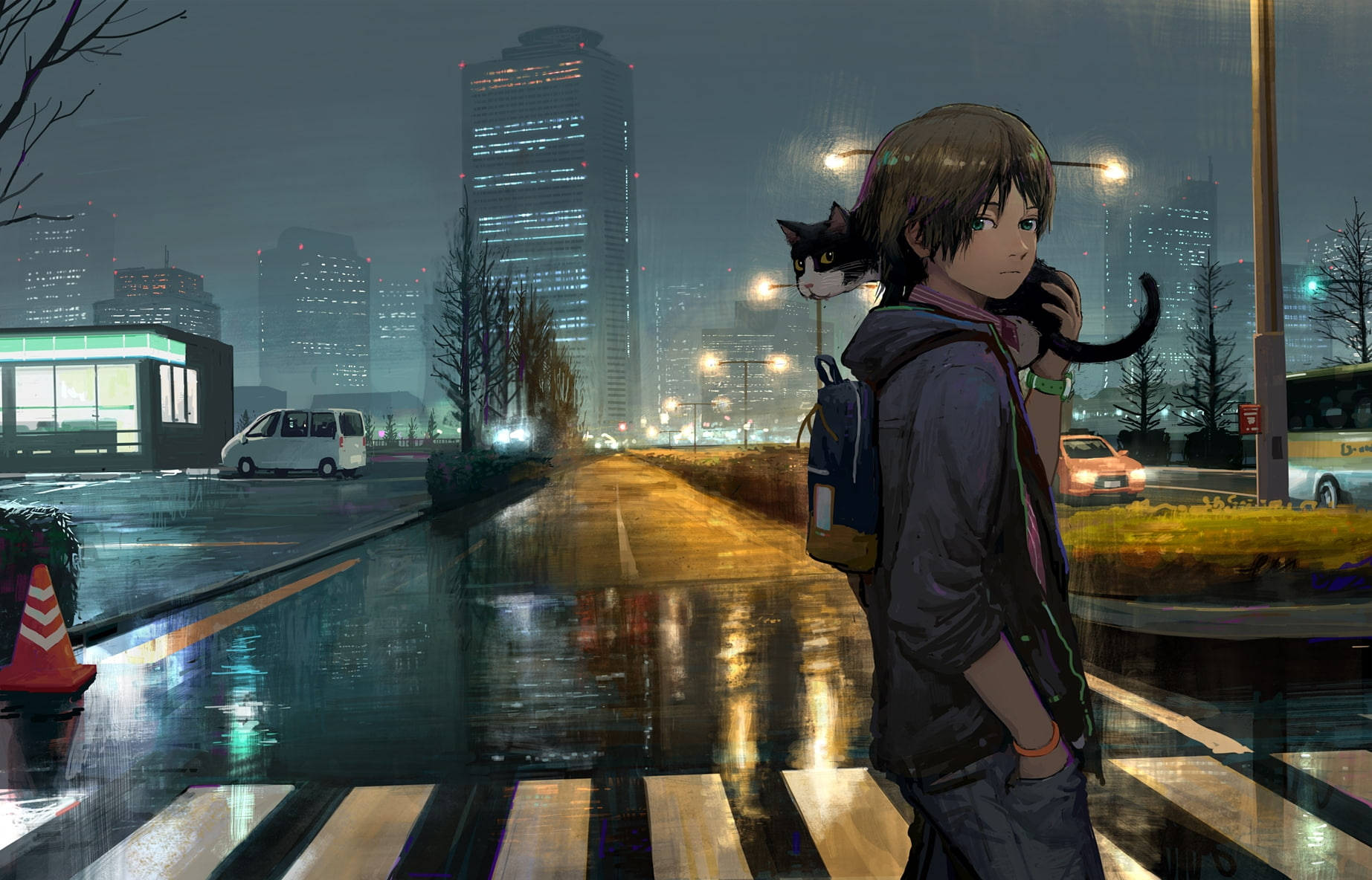 Cute Anime Boy Carrying A Cat In The Streets Wallpaper