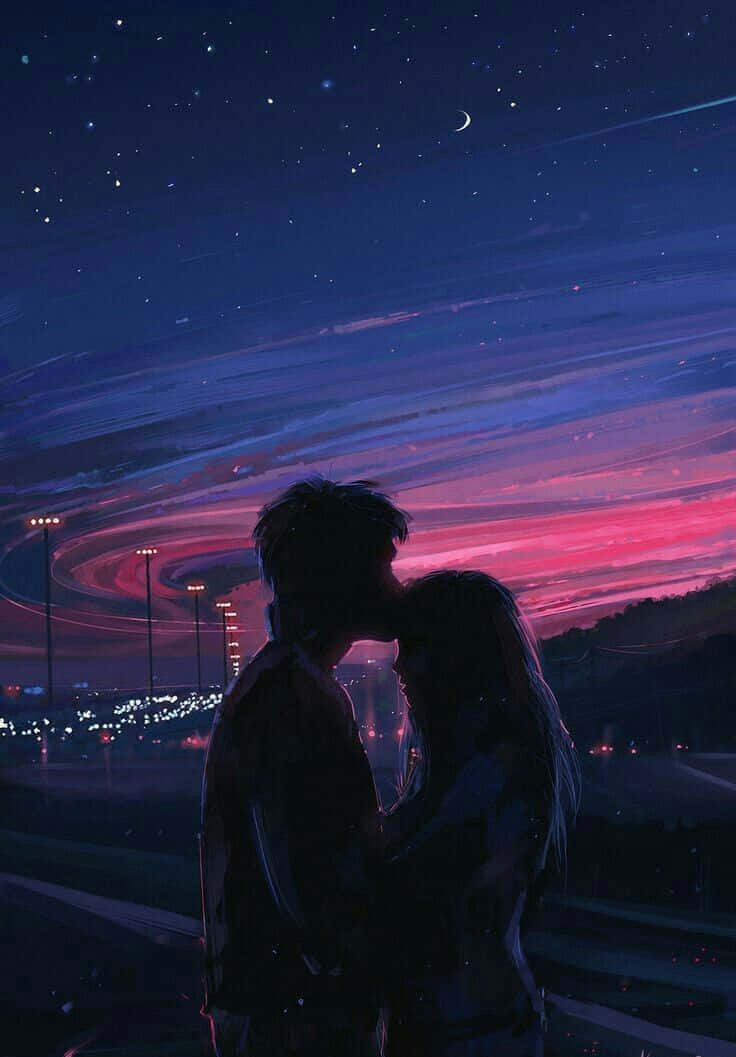 Adorable Anime Couple Embracing Under a Starry Sky