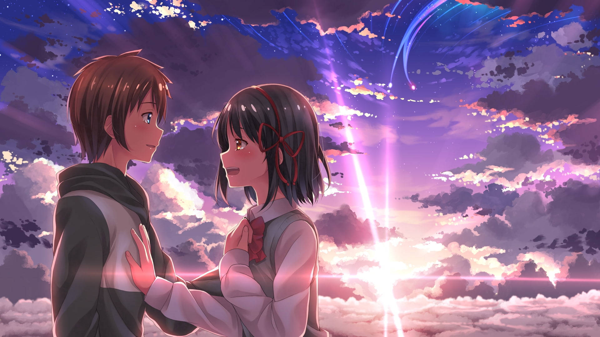Søde Anime Par og Skyfri Solnedgang Baggrund Wallpaper