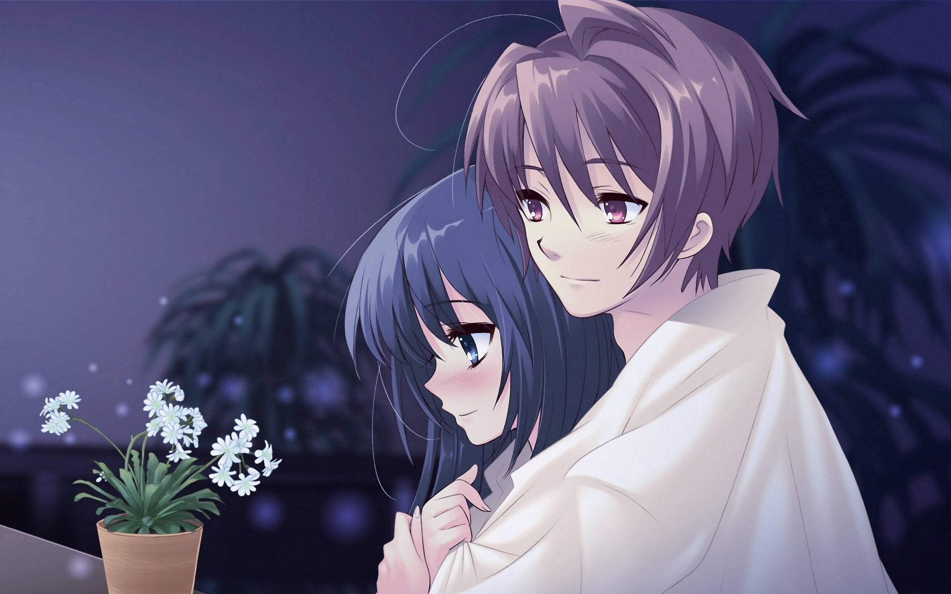 Lindo(a)pareja De Anime Y Flores En Macetas. Fondo de pantalla