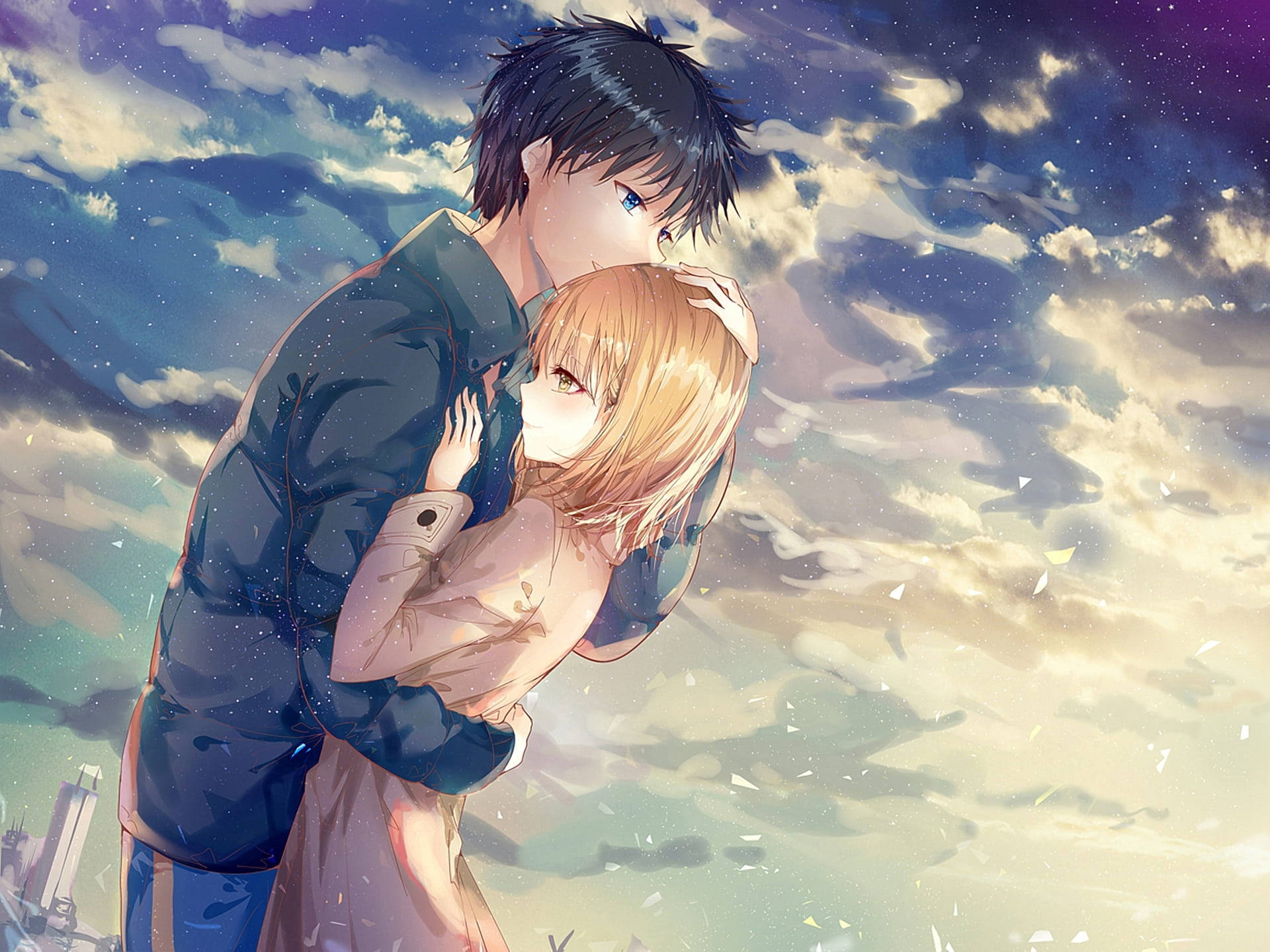 Cute Anime Couple Holding Each Other Wallpaper
