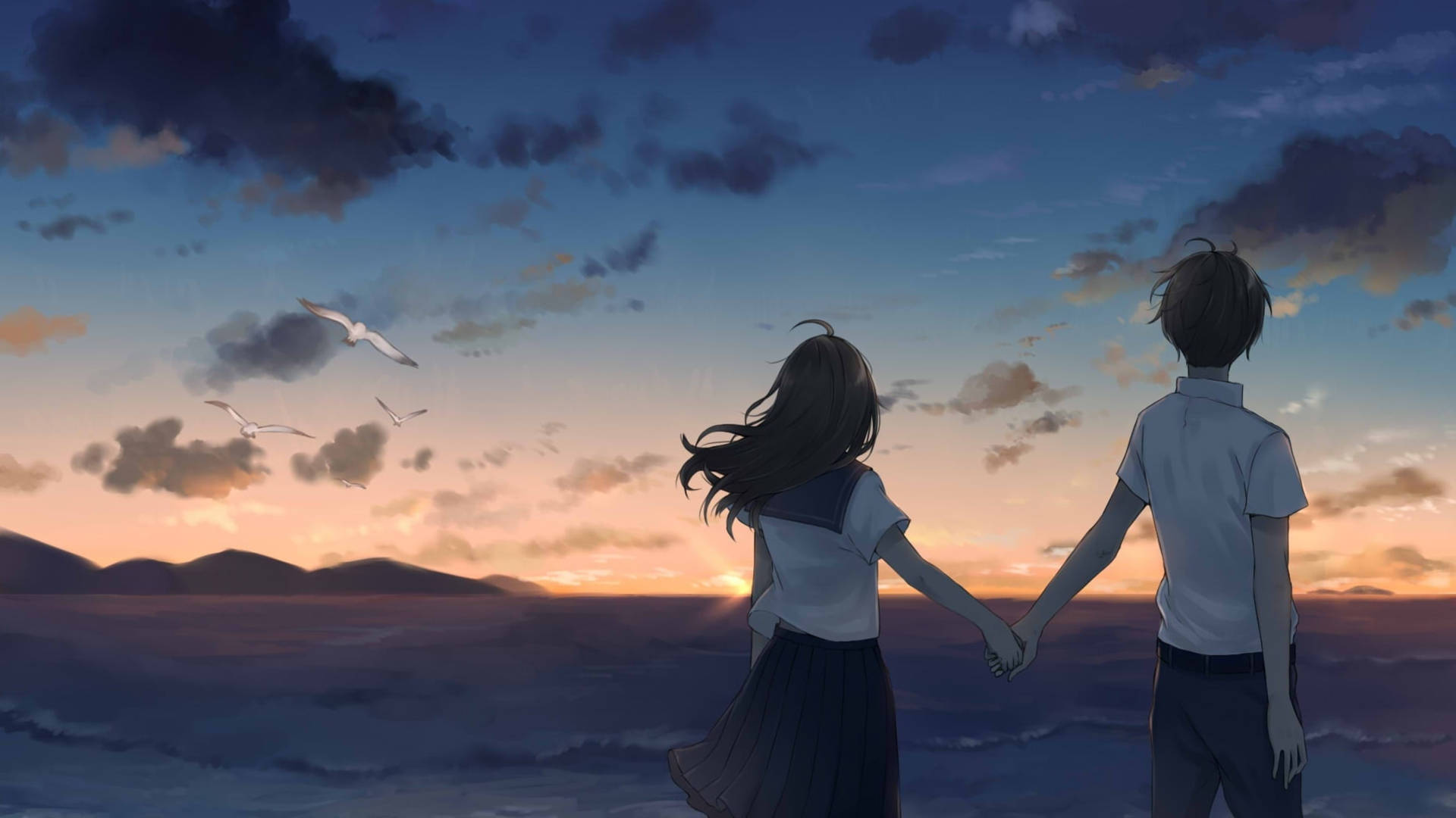 Download Cute Anime Couple Holding Hands Sunset Wallpaper 