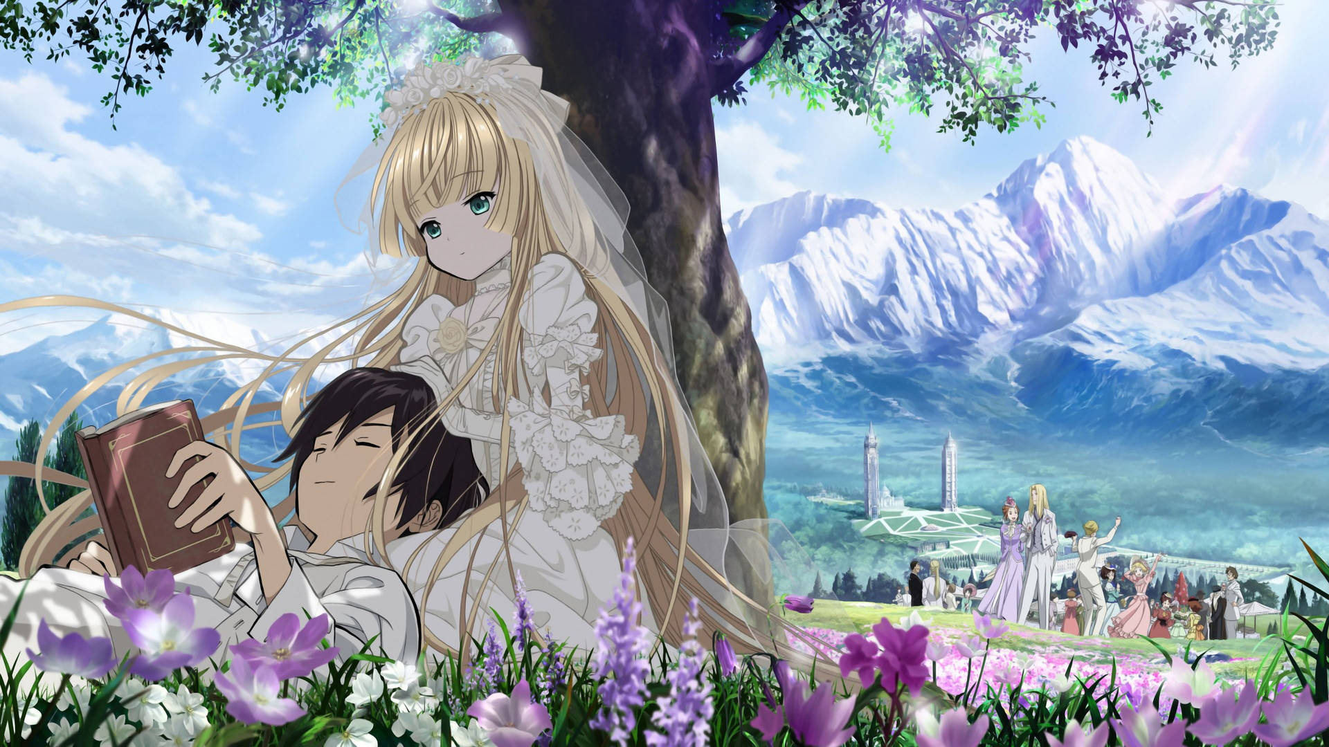 Lindopareja De Anime En Un Campo De Flores. Fondo de pantalla