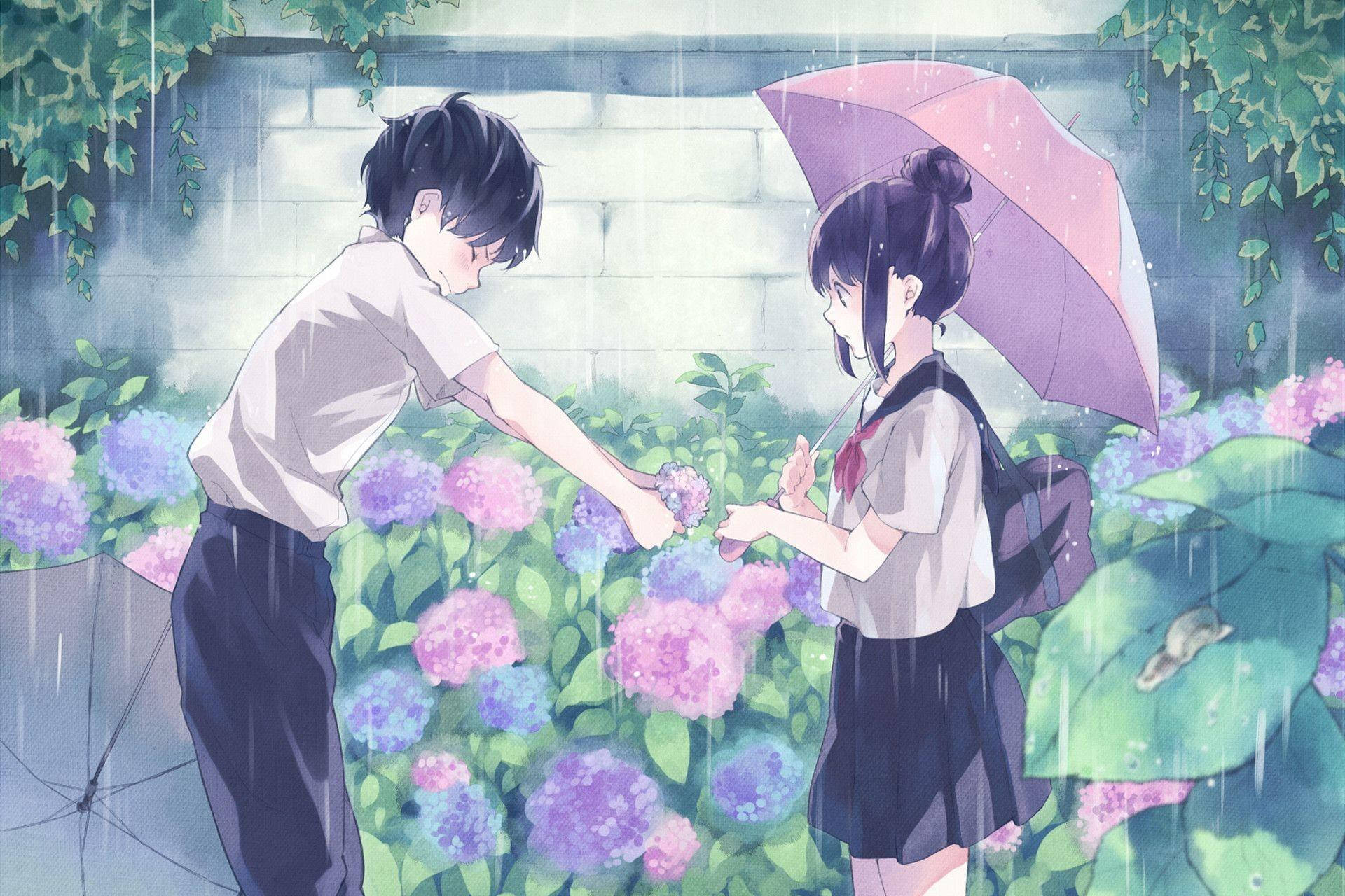 Cute Anime Couple In School Uniform Wallpaper