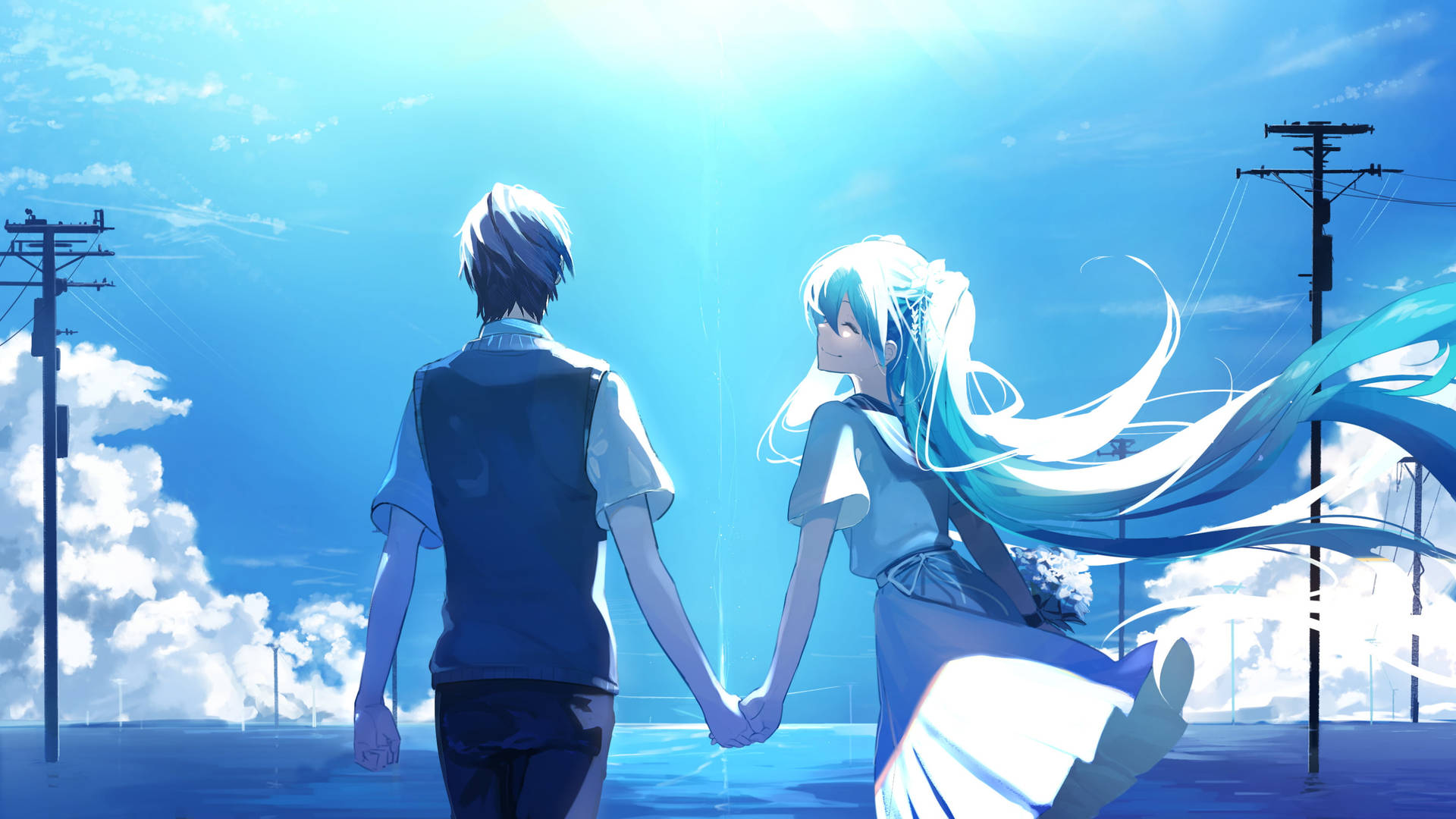 Cute Anime Couple In Tinted Blue Wallpaper