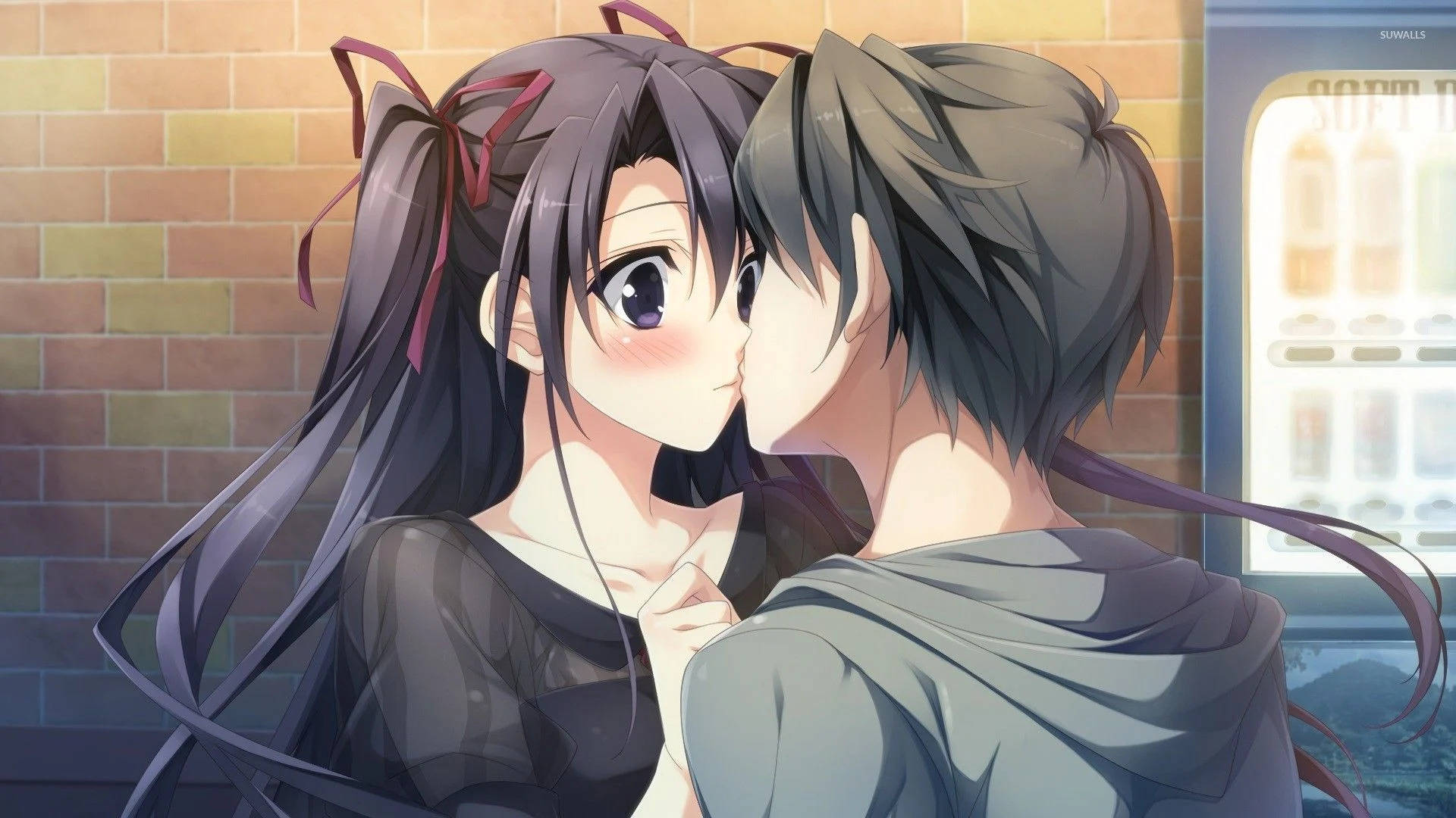 Download Cute Anime Couple Kiss Against Brick Wall Wallpaper | Wallpapers .com
