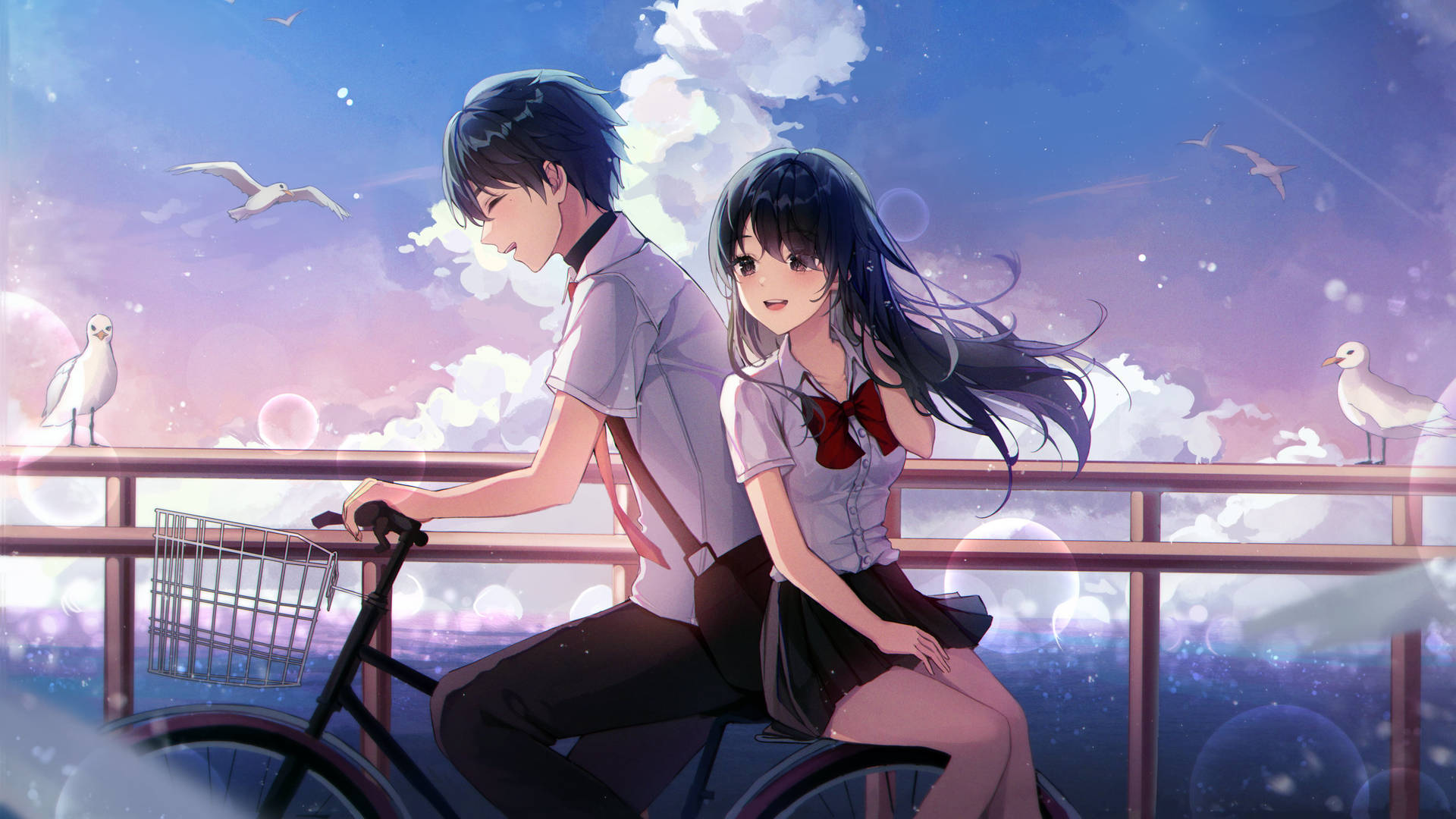Download Cute Anime Couple Sharing A Bicycle Wallpaper 